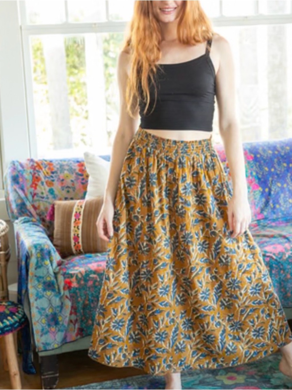 Natural Life L/XL Mustard Floral Cotton Maxi Skirt Boho Cottagecore Lined Fall